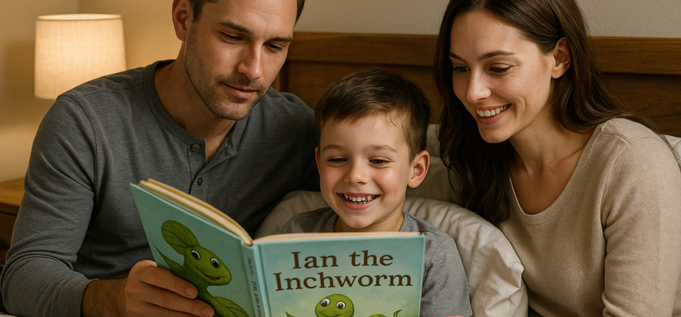 Parents reading book to child