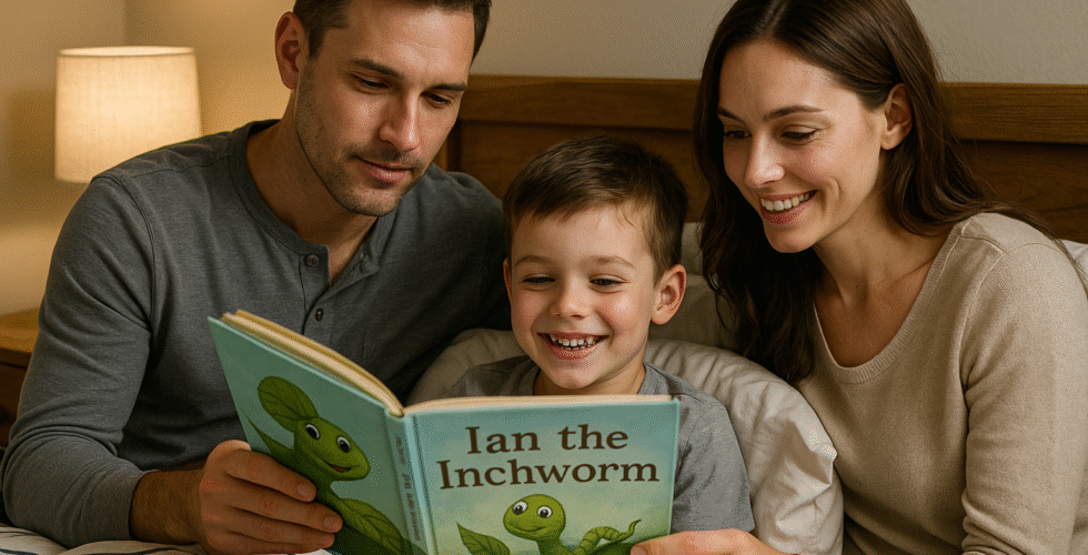 Parents reading book to child